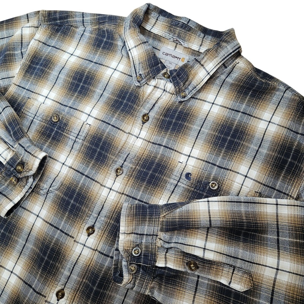 Carhartt Shirt Mens 2XL Brown Blue Plaid Button Up Flannel Lumberjack Outdoors